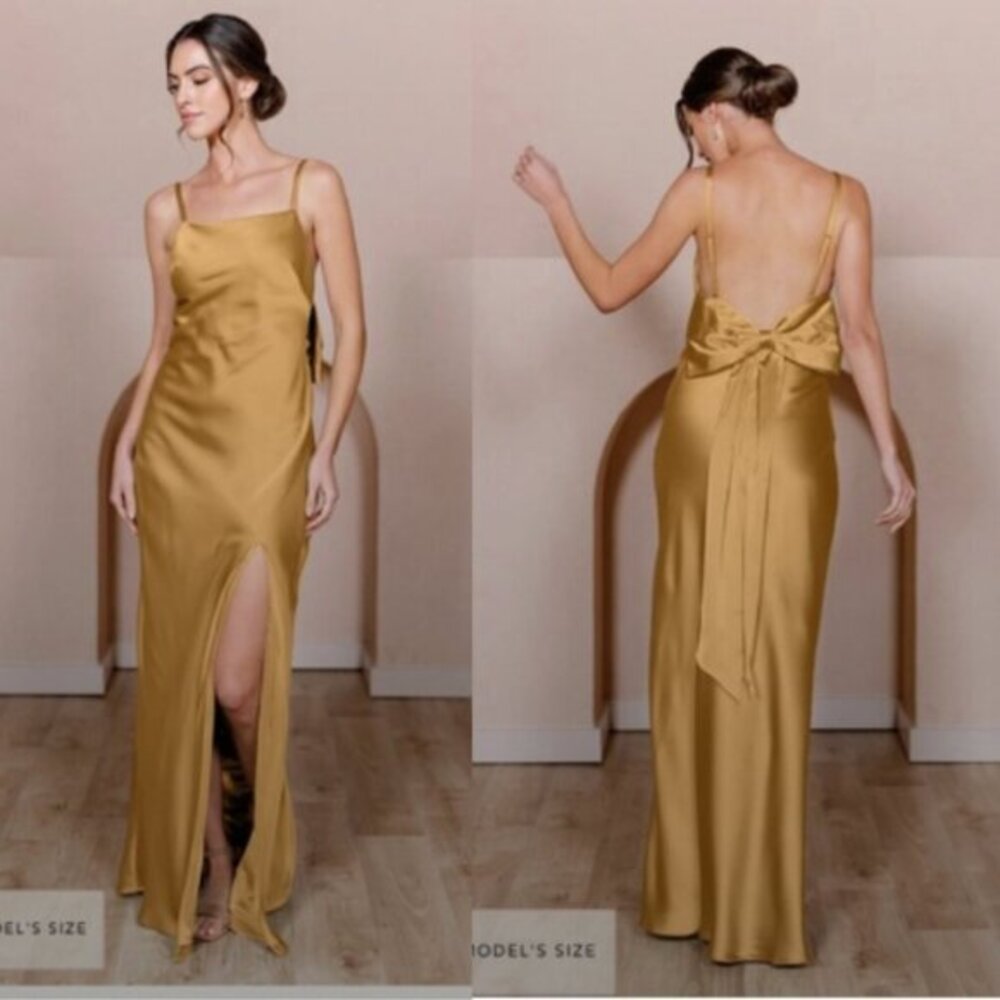 Revelry Dress Steph Maxi Gown Bow Back in Satin Gold